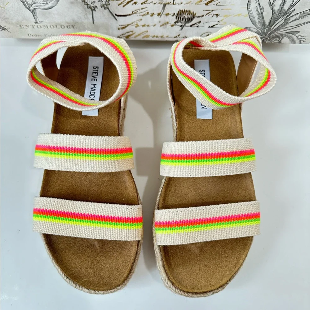 Steve Madden Women's Kimmie Flat Wedge Sandal Size 8 Bright Multi Color Straps